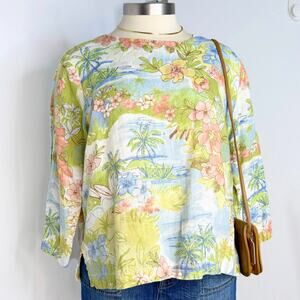 Linen Vintage Pastel Floral Shirt Top Size Large Resort Relaxed Fit USA Made